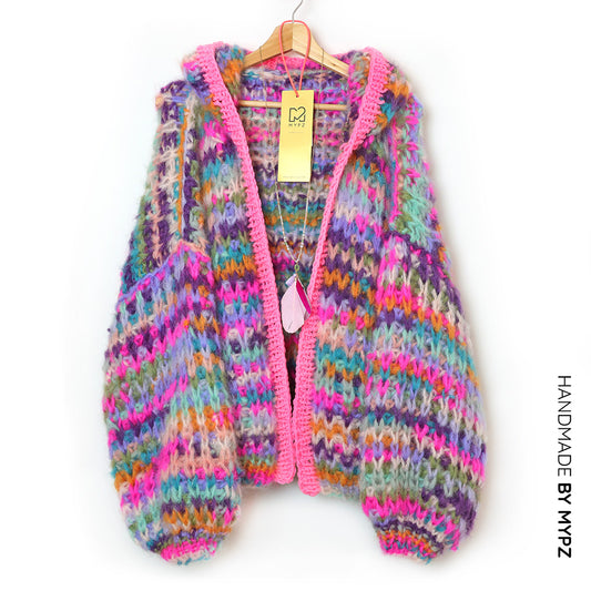 MYPZ Chunky Mohair Rib Cardigan Confetti with hoodie