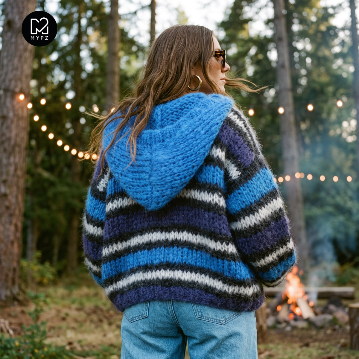 Knitting Kit – MYPZ Hooded Chunky Mohair Bomber Cardigan Blue No.15 (ENG-DE-NL-ES-FR-IT-DA-SV-NO)